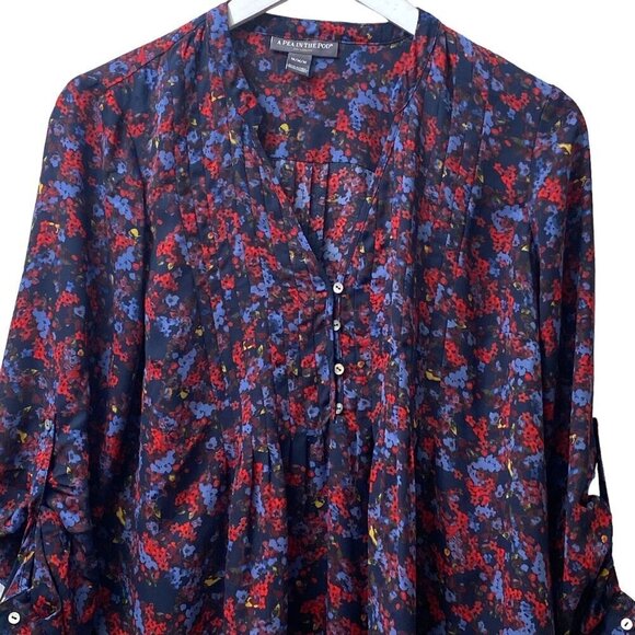 Pea in the Pod Maternity Top Medium Floral Blouse Blue Red - Picture 2 of 9